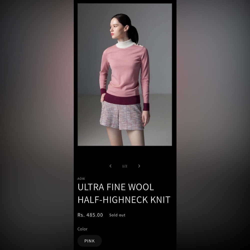 A.O.W. Authentic Origins Wardrobe Pink Ultra Fine Wool Mock Neck Sweater Size S